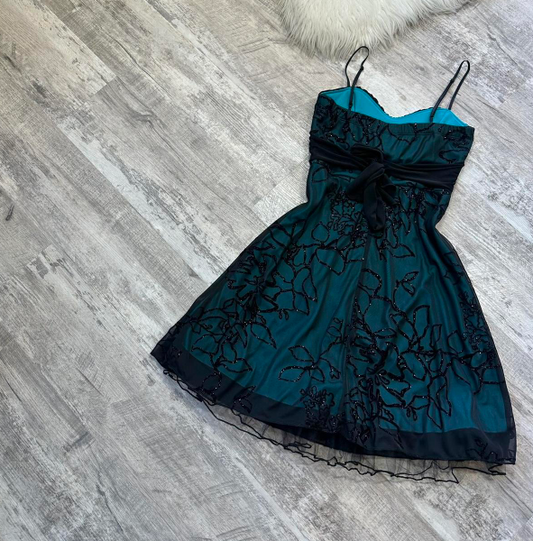 Vintage A-Line Spaghetti Strap Chiffon Applique Homecoming Dresses, Short Blue Y2K Prom Dresses ED04056