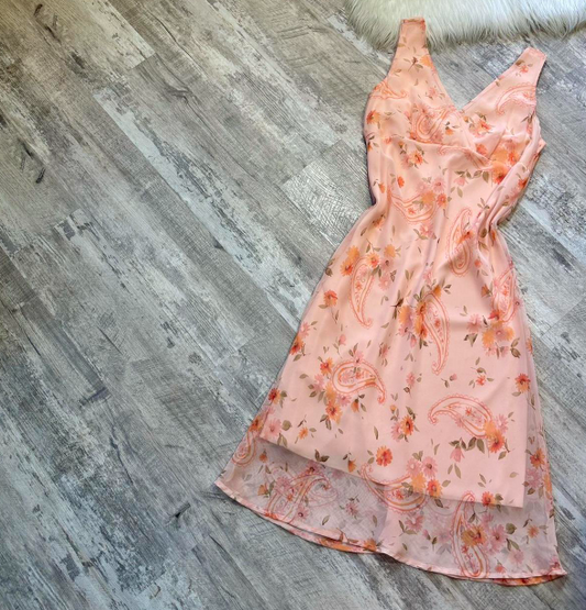 Vintage V-neck Sheath Floral Chiffon Homecoming Dresses, Short Peach Prom Dresses ED04058