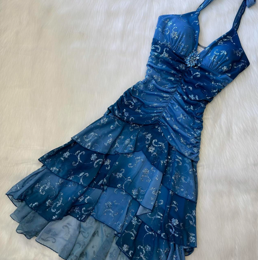 Vintage V-neck A-Line Chiffon Homecoming Dresses, Short Blue Fairy Prom Dresses ED04059