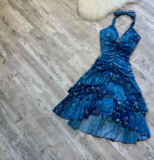 Vintage V-neck A-Line Chiffon Homecoming Dresses, Short Blue Fairy Prom Dresses ED04059