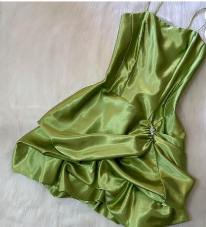 Vintage Spaghetti Strap Ball Gown Satin Homecoming Dresses, Green Fairy Short Prom Dresses ED04060
