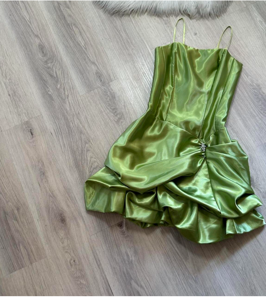 Vintage Spaghetti Strap Ball Gown Satin Homecoming Dresses, Green Fairy Short Prom Dresses ED04060