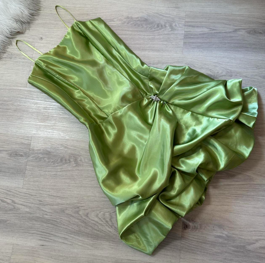 Vintage Spaghetti Strap Ball Gown Satin Homecoming Dresses, Green Fairy Short Prom Dresses ED04060