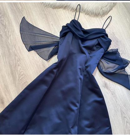 Vintage Sheath Satin Navy Blue Formal Evening Dress,Spaghetti Straps Long Prom Dresses ED04061