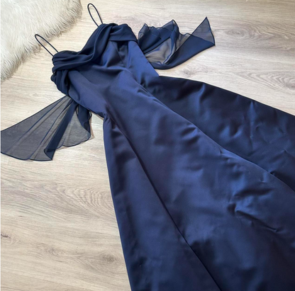 Vintage Sheath Satin Navy Blue Formal Evening Dress,Spaghetti Straps Long Prom Dresses ED04061