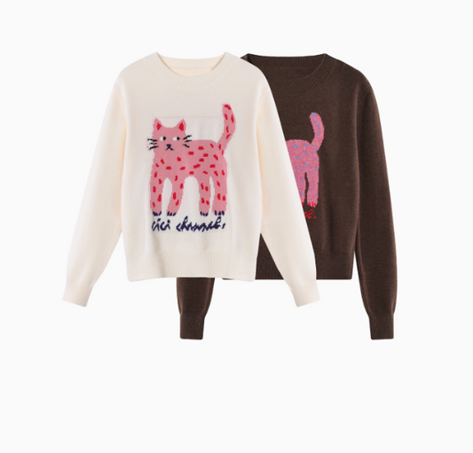 Langärmliger Pullover mit Rundhalsausschnitt und Katzenmuster ED0407