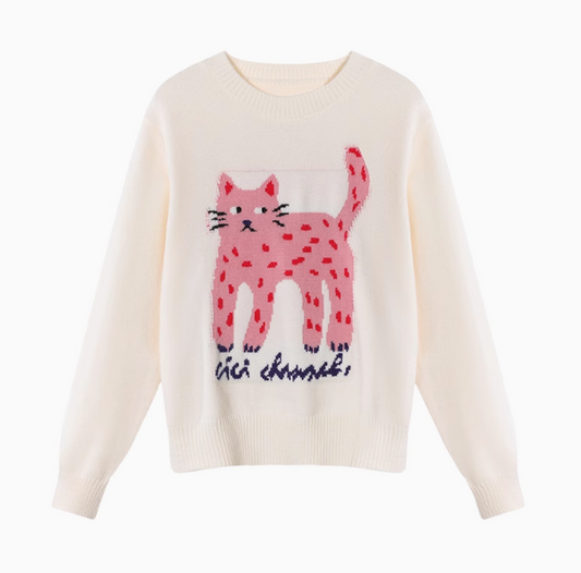 Langärmliger Pullover mit Rundhalsausschnitt und Katzenmuster ED0407