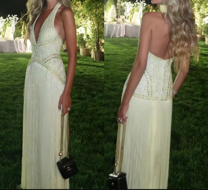 Gorgeous Sheath V-neck Open Back Prom Dress with Tassels Butter Yellow Backless Formal Evening Dress ED04080