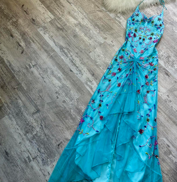 vintage beaded fairy dress Vintage Beaded Midi Fairy Dress With Sharkbite Hem In Olive-Olive / Regular  / 0