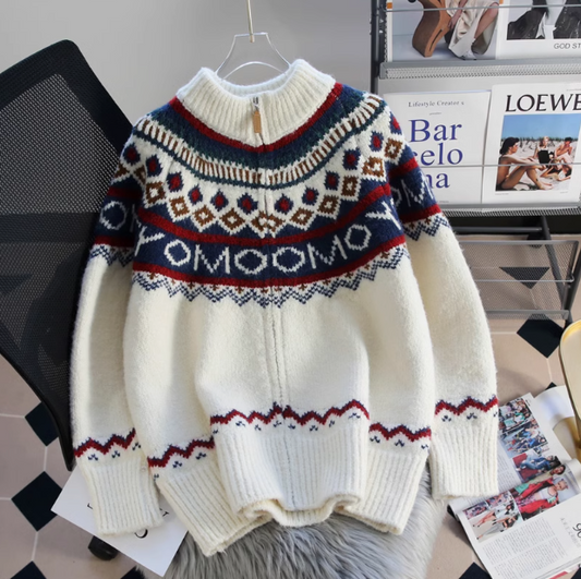 Fair Isle Rollkragenpullover, verdickter Vintage Preppy Reißverschluss, lange Ärmel, Strickjacke ED0409