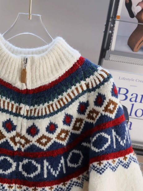Fair Isle Rollkragenpullover, verdickter Vintage Preppy Reißverschluss, lange Ärmel, Strickjacke ED0409