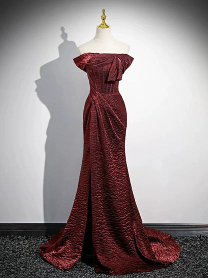 Schlichtes schulterfreies, langes Burgunder-Ballkleid, langes Burgunder-Abendkleid ED040
