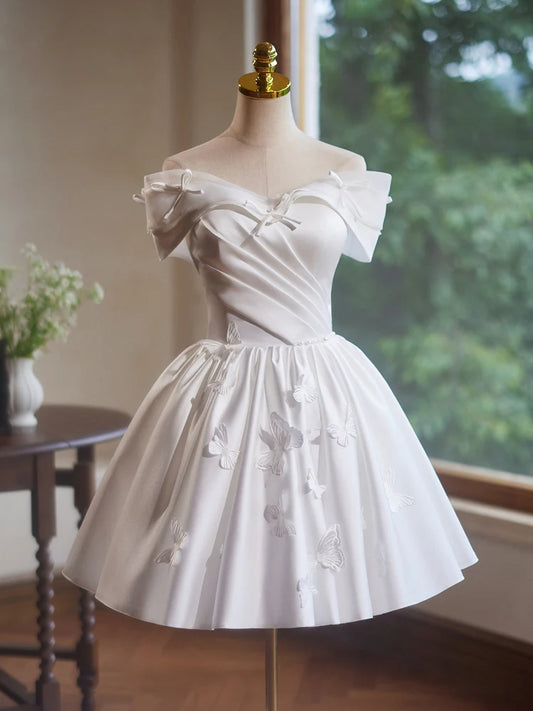 Robe de bal courte blanche en satin à épaules dénudées, coupe trapèze, robe de soirée blanche ED041