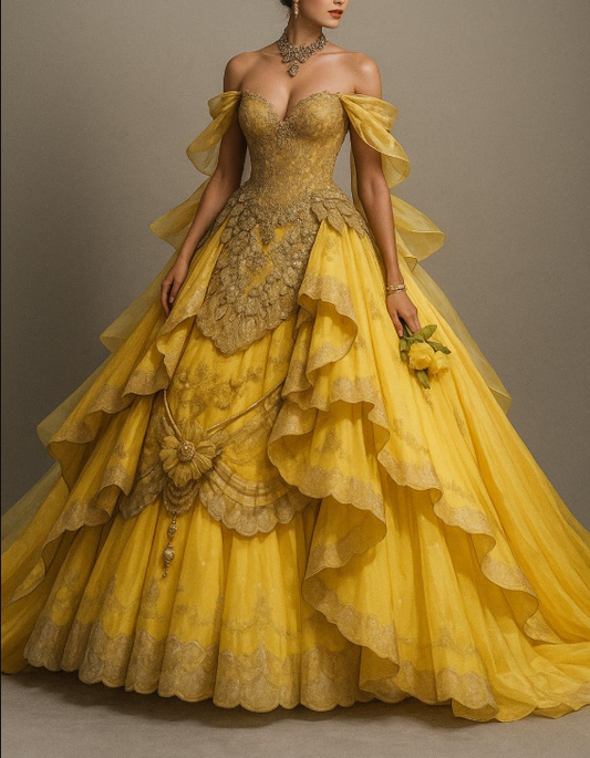 Princess Off-the-shoulder Ball Gown Tulle Long Prom Dresses with Lace Appliques, Sweet Yellow 16 Dress ED04131