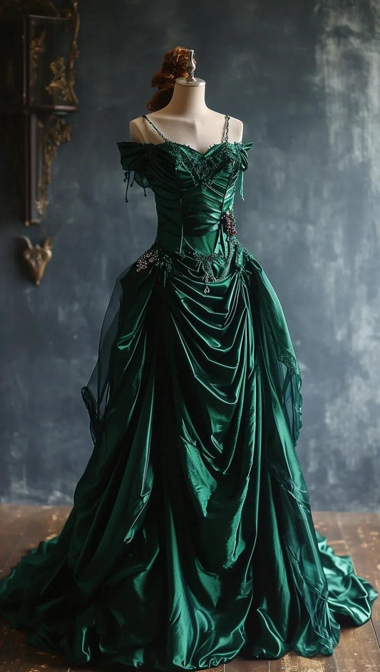 Classic Gothic Off-the-shoulder Ball Gown Satin Long Prom Dresses Dark Green Quinceaña Dresses ED04151
