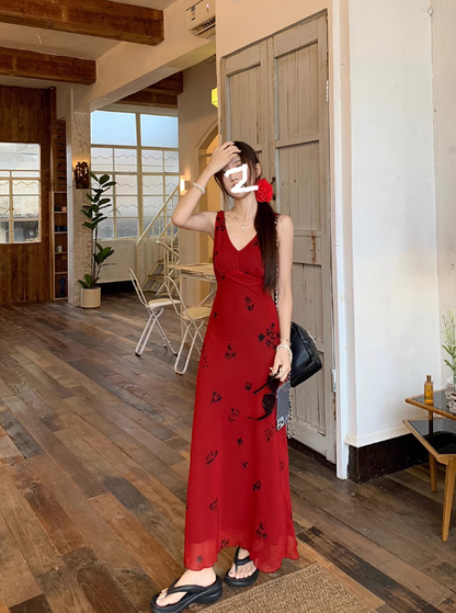 French retro red V-neck floral vest long skirt ED0415