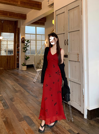 French retro red V-neck floral vest long skirt ED0415