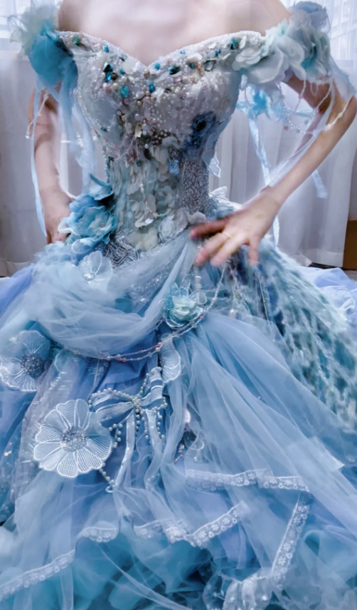 Gorgeous Ball Gown Off-the-shoulder Tulle Beaded Long Prom Dresses Blue Birthday Dresses ED04163