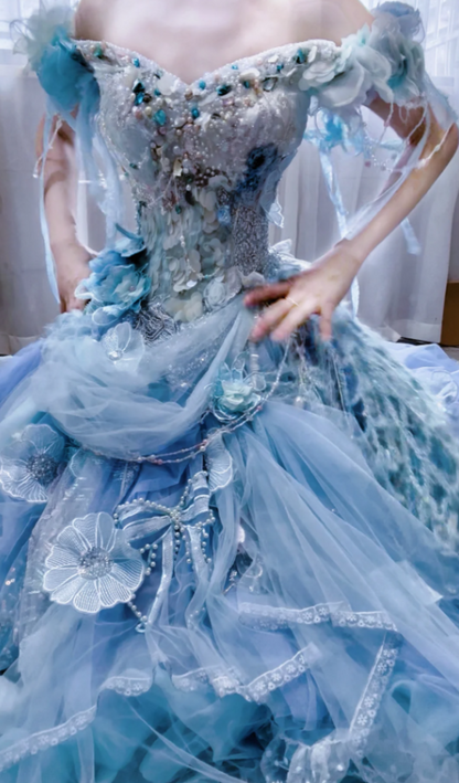 Gorgeous Ball Gown Off-the-shoulder Tulle Beaded Long Prom Dresses Blue Birthday Dresses ED04163