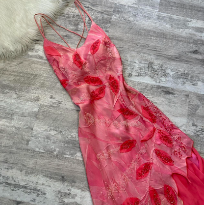 Vintage Sheath V-neck Long Prom Dresses Chiffon  Beaded Birthday Dresses Hot Pink Formal Evening Dresses ED04166