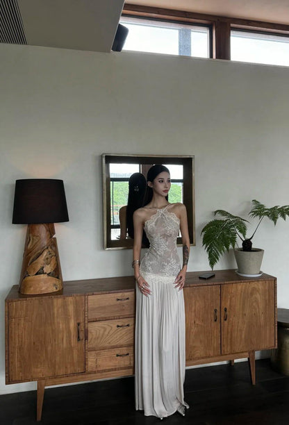 Sexy Sheath Halter Long Prom Dresses Chiffon Lace Applique Backless Birthday Dresses Formal Dresses ED04167