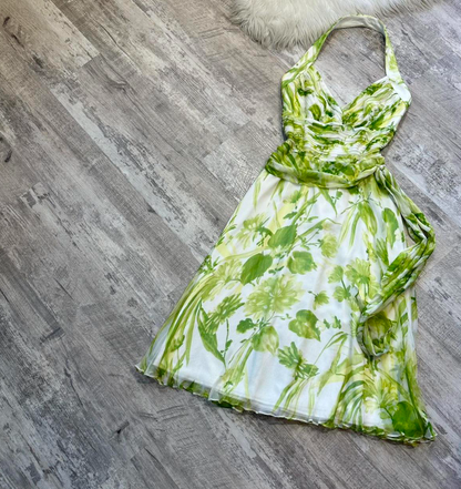 Vintage Green Halter Birthday Dresses Floral Chiffon Homecoming Dresses A-Line Short Prom Dresses ED04177