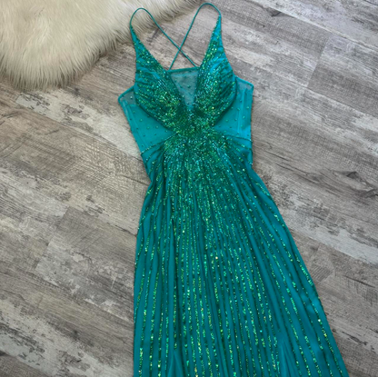 Vintage Sheath Long Prom Dresses, V-Neck Chiffon Beaded Guest Dresses, Turquoise Formal Evening Dresses ED04185