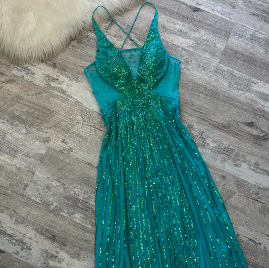 Vintage Sheath Long Prom Dresses, V-Neck Chiffon Beaded Guest Dresses, Turquoise Formal Evening Dresses ED04185