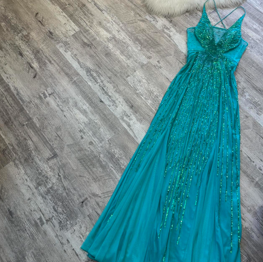 Vintage Sheath Long Prom Dresses, V-Neck Chiffon Beaded Guest Dresses, Turquoise Formal Evening Dresses ED04185