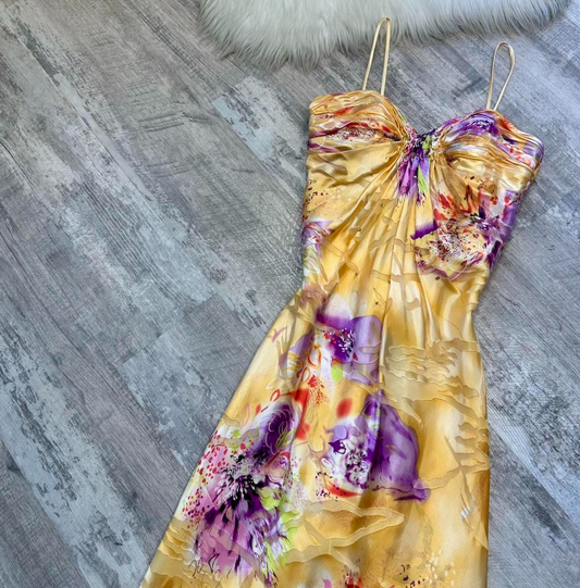 Glam Spaghetti Strap Sheath Long Prom Dresses, Floral Silk Guest Dresses, Yellow Formal Evening Dresses ED04188