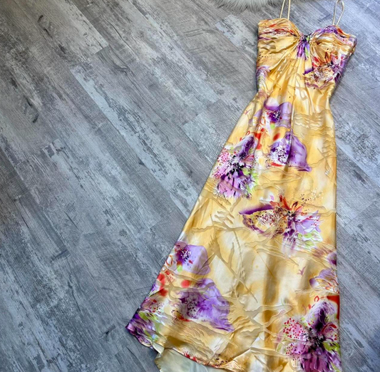 Glam Spaghetti Strap Sheath Long Prom Dresses, Floral Silk Guest Dresses, Yellow Formal Evening Dresses ED04188