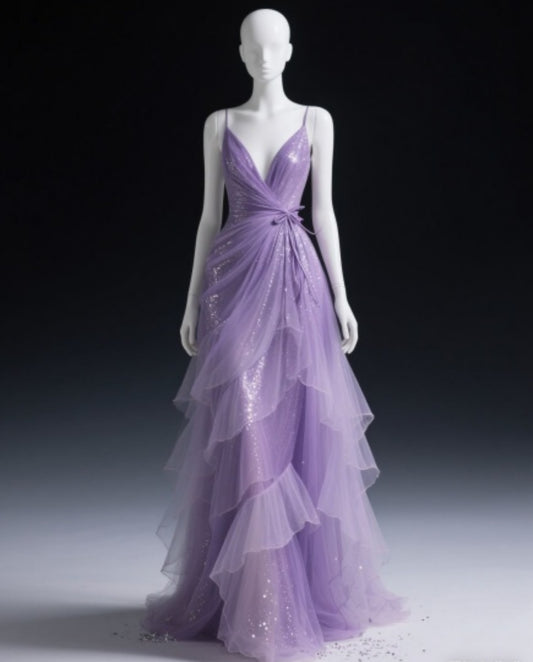 Gorgeous V-neck Sheath Long Prom Dresses, Tulle Sequin Purple Formal Evening Dresses ED04193