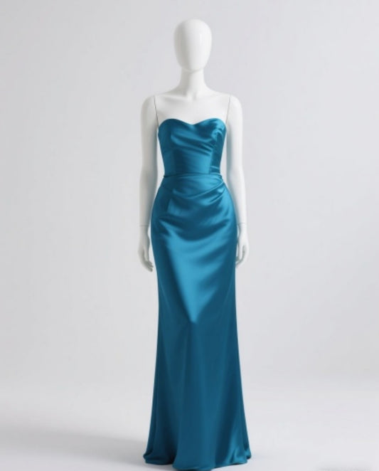 Elegant Strapless Sheath Long Prom Dresses, Satin Wedding Guest Dresses, Blue Formal Evening Dresses ED04194