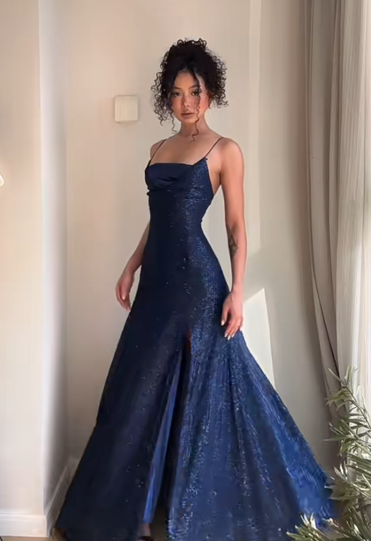 Sexy Spaghetti Strap Sheath Long Prom Dresses with Slits, Navy Blue Formal Evening Dresses ED04196