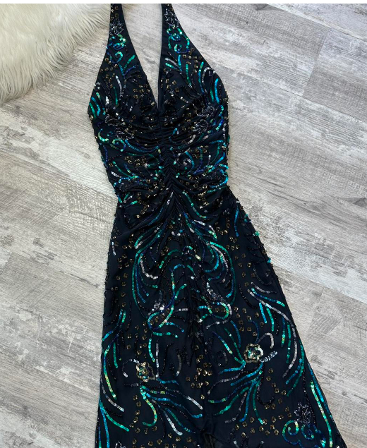 Vintage Halter Sheath Long Prom Dresses, Black Sequin Formal Evening Dresses ED04197