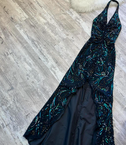 Vintage Halter Sheath Long Prom Dresses, Black Sequin Formal Evening Dresses ED04197