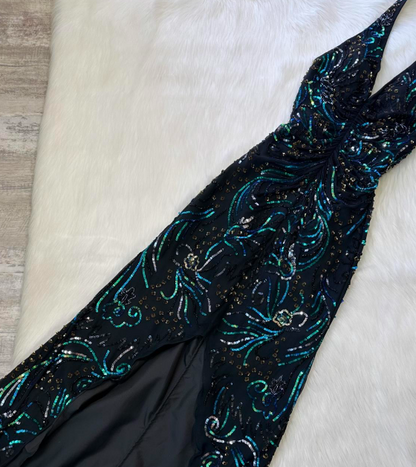 Vintage Halter Sheath Long Prom Dresses, Black Sequin Formal Evening Dresses ED04197