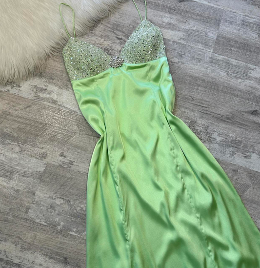 Vintage Spaghetti Strap Sheath Beaded Long Prom Dresses, Green Formal Evening Dresses ED04198