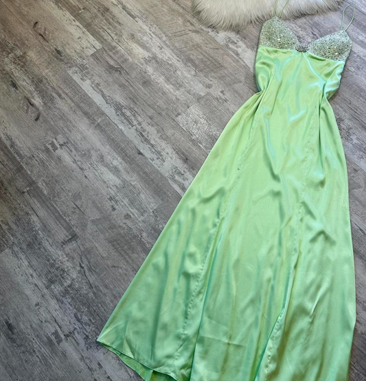 Vintage Spaghetti Strap Sheath Beaded Long Prom Dresses, Green Formal Evening Dresses ED04198