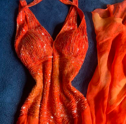 Vintage V-neck Sheath Beaded Long Prom Dresses, Orange Formal Evening Dresses ED04199
