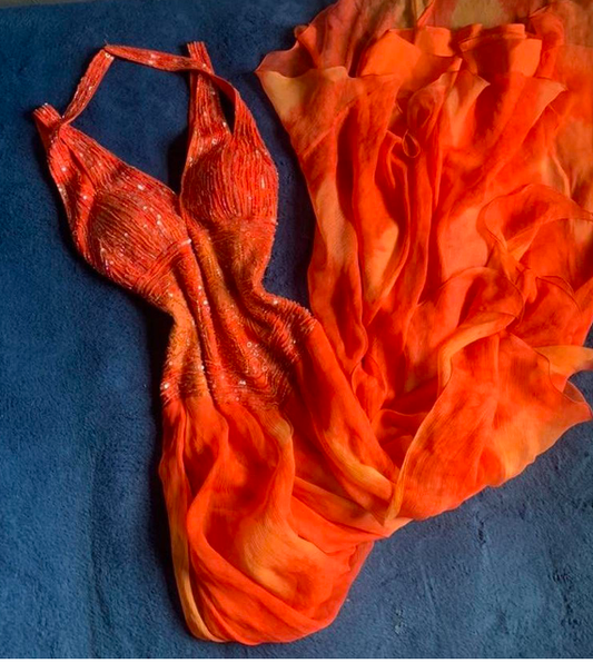 Vintage V-neck Sheath Beaded Long Prom Dresses, Orange Formal Evening Dresses ED04199