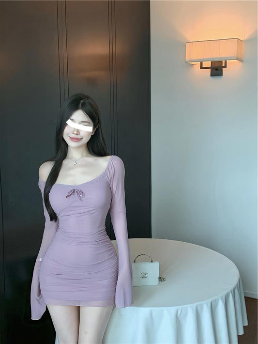 Lila sexy hot girl stil mesh langen ärmeln U-ausschnitt off-schulter hüfte rock ED0419