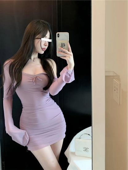 Lila sexy hot girl stil mesh langen ärmeln U-ausschnitt off-schulter hüfte rock ED0419