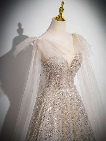 Champagner Langes Ballkleid aus Tüll mit U-Ausschnitt in A-Linie, Champagner Abendkleid mit Pailletten ED042