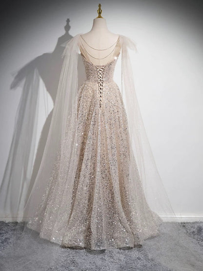 Champagner Langes Ballkleid aus Tüll mit U-Ausschnitt in A-Linie, Champagner Abendkleid mit Pailletten ED042