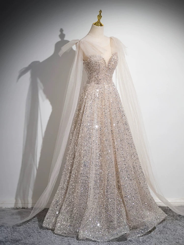 Champagner Langes Ballkleid aus Tüll mit U-Ausschnitt in A-Linie, Champagner Abendkleid mit Pailletten ED042