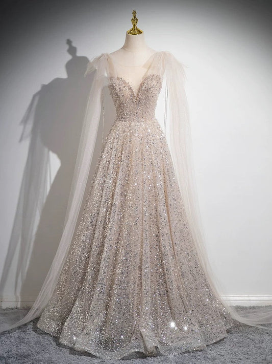 Robe de bal longue en tulle champagne, coupe trapèze, décolleté dégagé, robe de soirée à paillettes champagne ED042