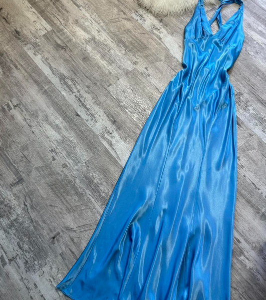 Vintage V-neck Sheath Satin Long Prom Dresses, Backelsss Blue Formal Evening Dresses ED04200