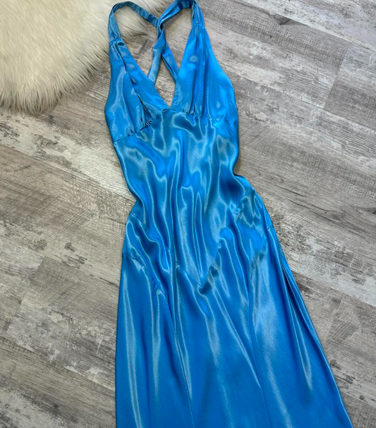 Vintage V-neck Sheath Satin Long Prom Dresses, Backelsss Blue Formal Evening Dresses ED04200