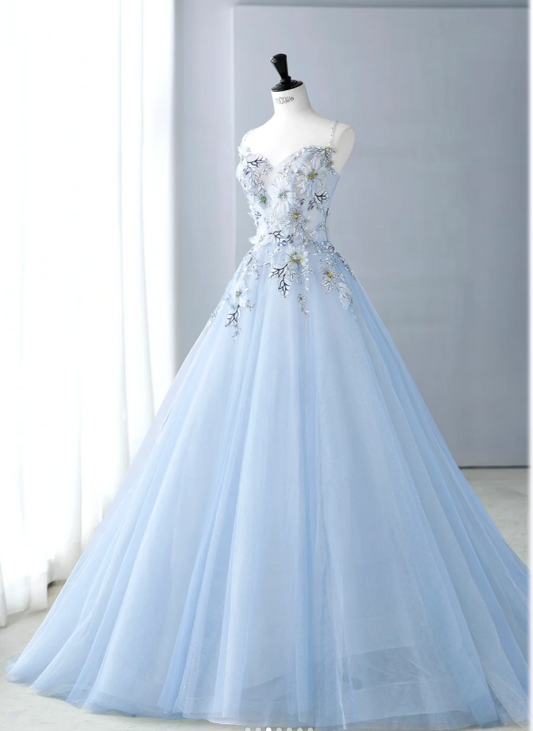 Classy Spaghetti-strap A-Line Tulle Appliquéd Long Prom Dresses, Pale Blue Formal Evening Dresses ED04202